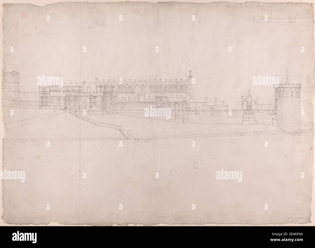 Studio of Sir Jeffry Wyatville, 1766–1840, British, Windsor Castle, Berkshire: Elevation, undated. Stift und schwarze Tinte, Graphit auf leicht strukturiertem, mittlerem, weißem Gewebe-Papier. Architektonisches Motiv Stockfoto