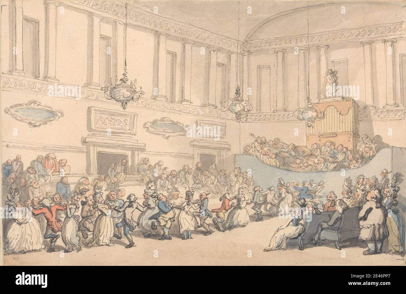 Thomas Rowlandson, 1756–1827, britisch, Comforts of Bath: The Ball, 1798. Aquarell mit Stift und schwarzer Tinte auf Medium, leicht strukturiert, Creme Wove Papier. Ball (Partei), Stühle, Kronleuchter, Menge, Tanzsaal, Tanz, Genre Thema, Interieur, Männer, Musiker, Orgelpfeifen, Menschen nach Aktivität, Frauen. Bath , Bath und Northeast Somerset , England , Europa , Somerset , Vereinigtes Königreich Stockfoto