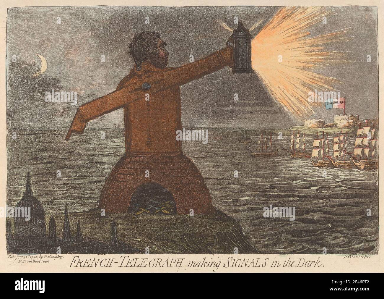 James Gillray, 1757–1815, britisch, französisch - Telegraph Making Signals in the Dark, 1795. Radierung und Aquatinta, handfarbig. Public Domain Stockfoto