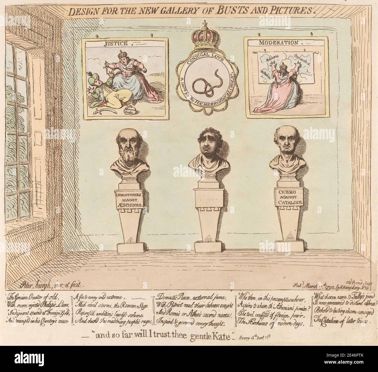 James Gillray, 1757–1815, britisch, Design for the New Gallery of Busts and Pictures, 1792. Radierung, handfarbig. Public Domain Stockfoto