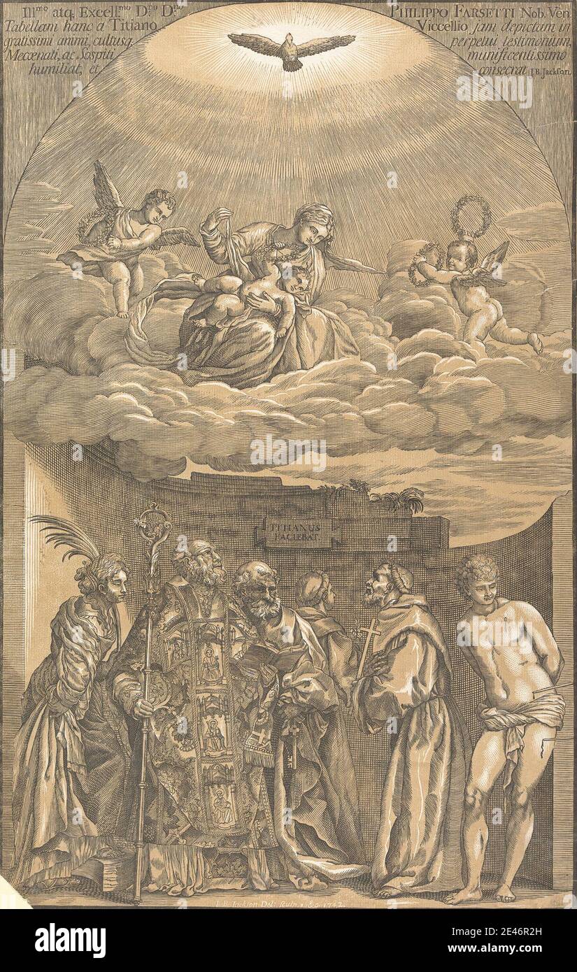 John Baptist Jackson, 1701–1780, britisch, The Virgin in the Clouds und Six Saints, 1742. Farbe Holzschnitt. Engel, Wolken, religiöse und mythologische Thema, Heiligen, Stab, Kränze. Jesus Maria Stockfoto