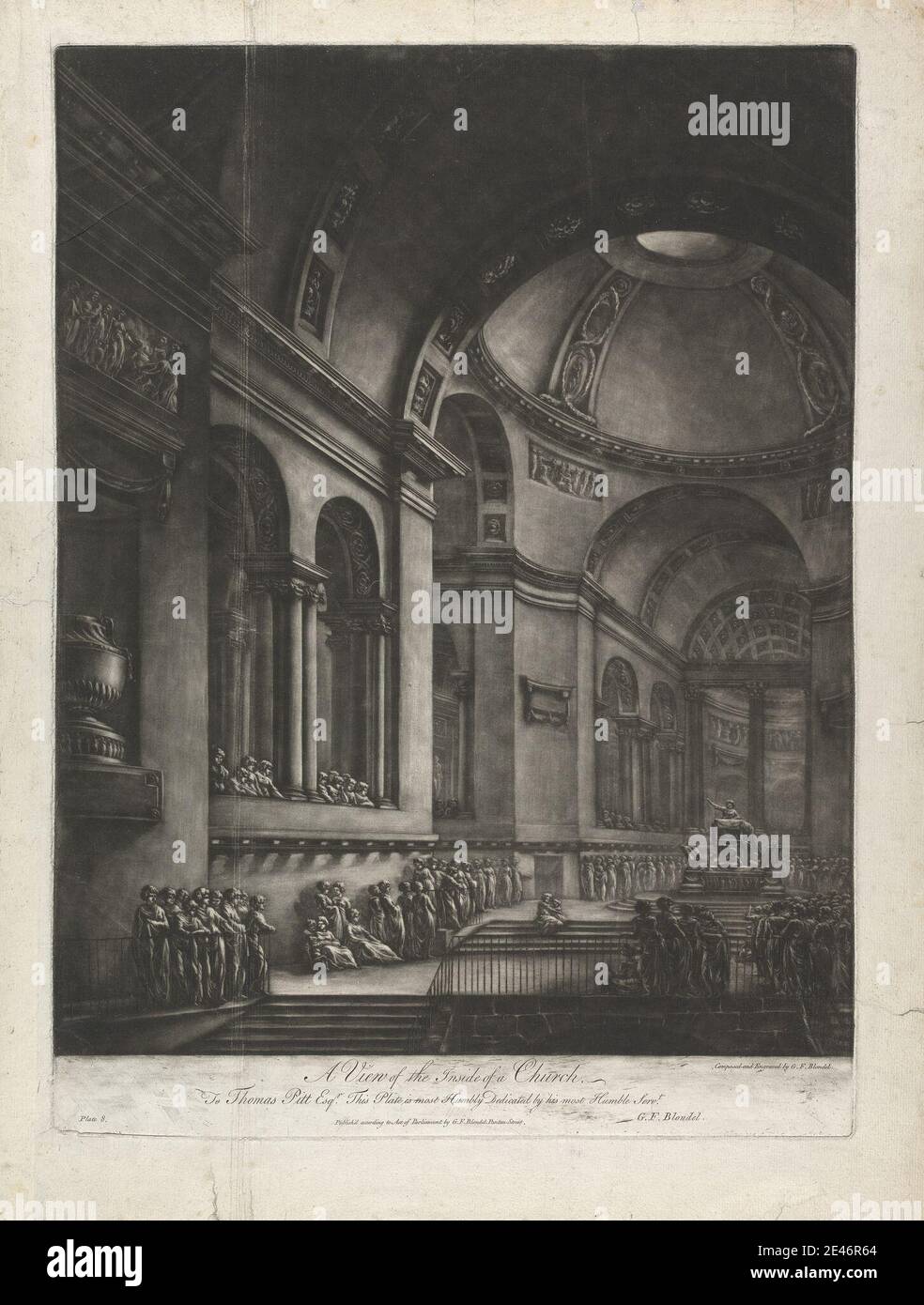 Druck von Georges François Blondl, 1730–ca. 1791, französisch, BLICK auf das Innere einer Kirche, 1765 bis 1767. Mezzotint. Rom Stockfoto