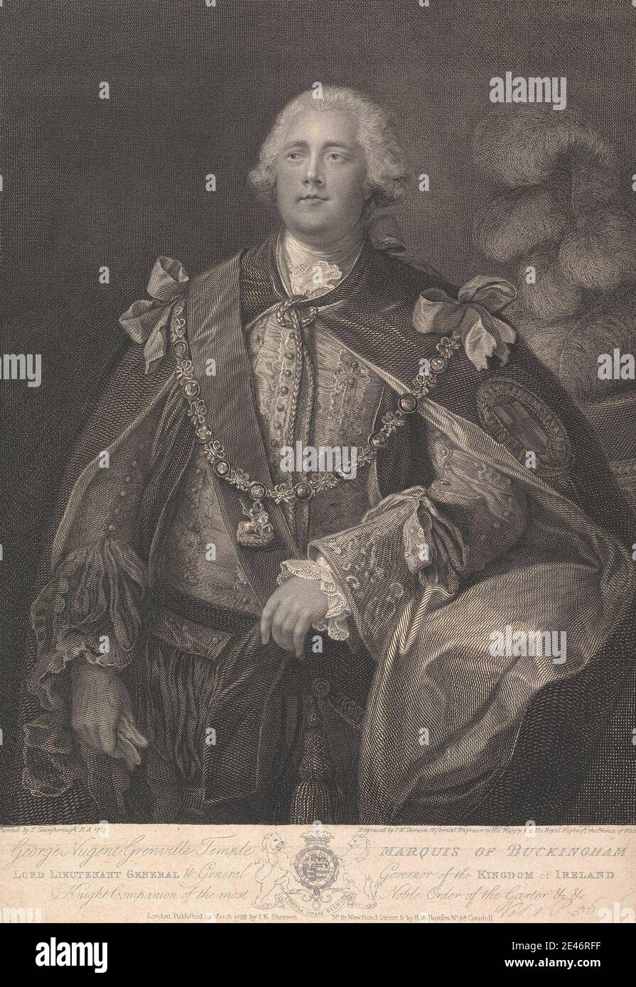 John Keyse Sherwin, c.1751–1790, britisch, George Nugent Grenville Temple Marquis of Buckingham Lord Leiutenant General & General Governor of the Kingdom of Ireland Knight Companion of the Most Noble Order of the Garter.., 1788. Liniengravur. Public Domain Stockfoto