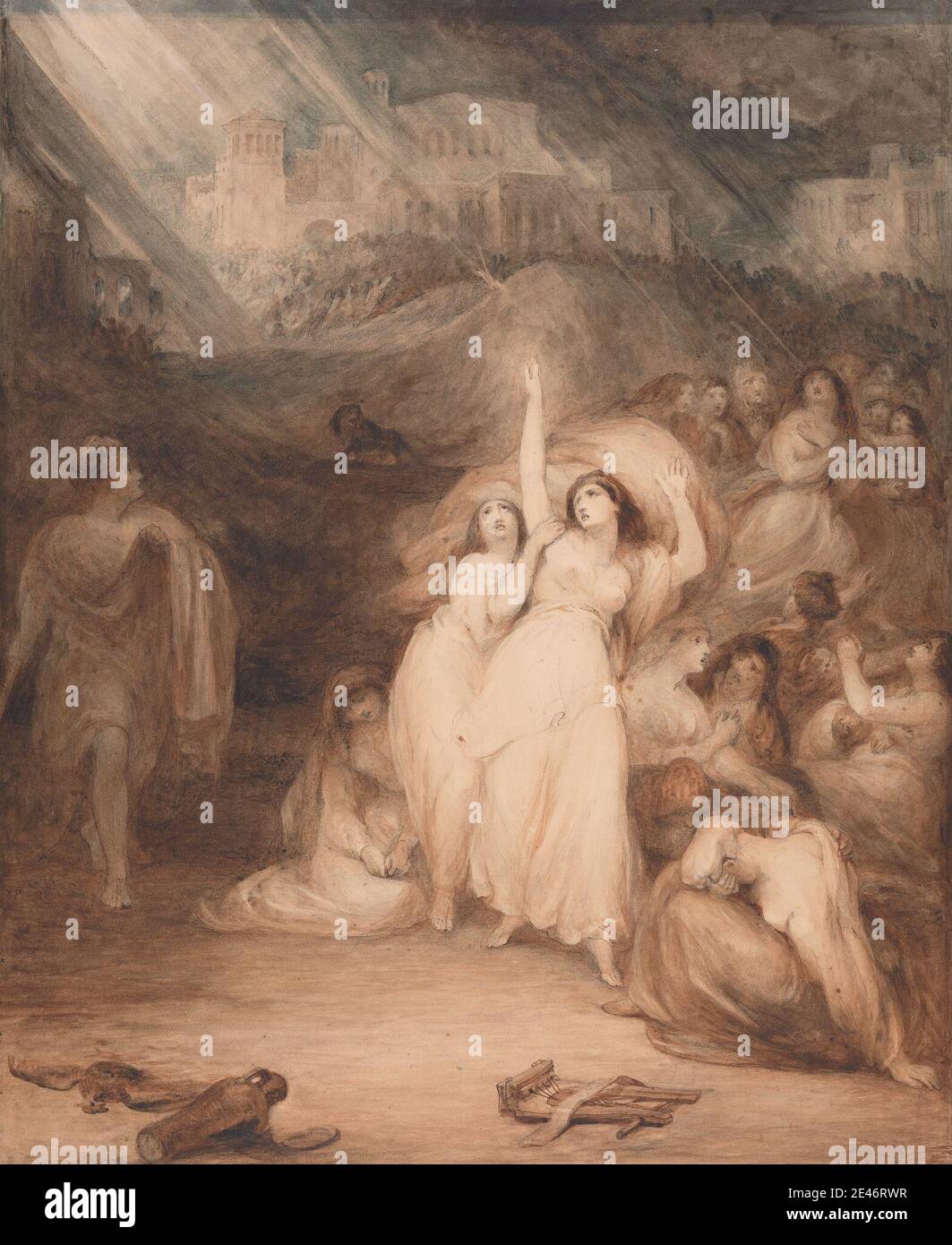 George Jones, 1786–1869, britisch, unverschonte Dinge, undated. Feder und braune Tinte, Aquarell, braune Wäsche, schwarze und weiße Kreide mit etwas Kratzen über Graphit auf glattem, dünnem, beigefarbenem Papier. Literarisches Thema Stockfoto