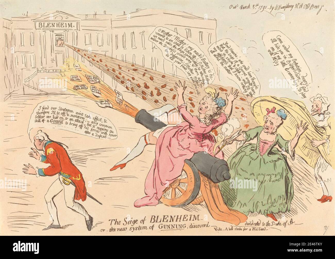 James Gillray, 1757–1815, Brite, The Seige of Blenheim, - oder - The New System of Gunning, entdeckte -- Vide - EINEN mutigen Schlaganfall für einen Ehemann, der dem Herzog von A. gewidmet war, 1791. Radierung, handfarbig. Public Domain Stockfoto