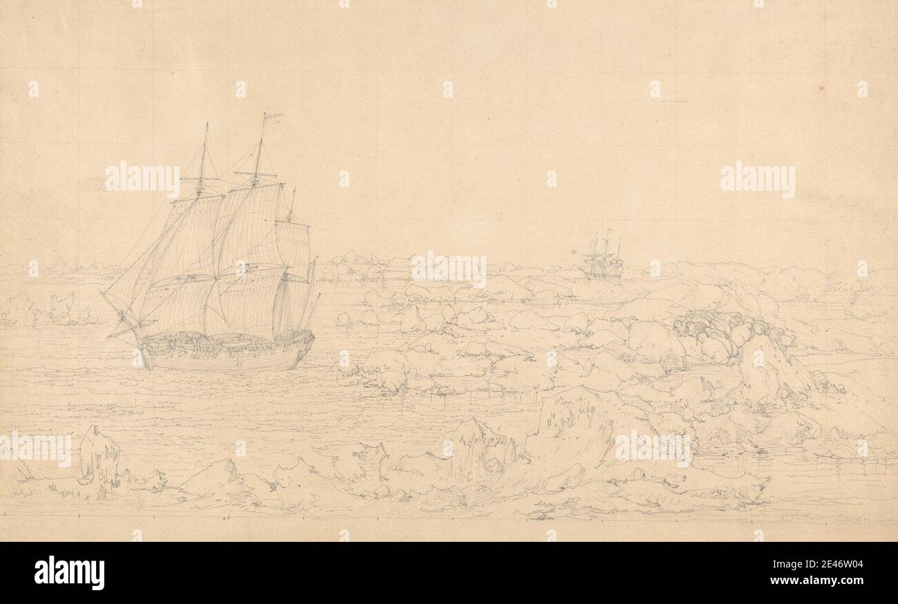 John Webber, 1752–1793, britisch, The Resolution Beating Through the Ice, with the Discovery in the Most eminent Danger in the Distance, 1792. Graphit, quadratisch für den Transfer auf mäßig dickem, leicht strukturiertem, cremefarbenem Papier. Public Domain Stockfoto