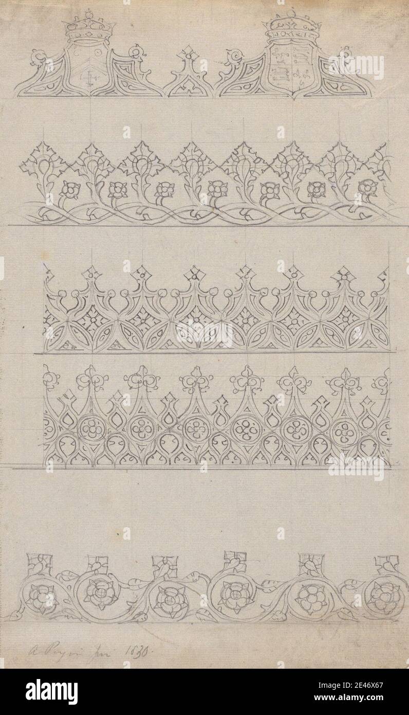 Augustus Welby Northmore Pugin, 1812–1852, britisch, Entwürfe für gotische Friesen, 1830. Graphit auf Medium, leicht strukturiert, weißes Papier. Architekturmotiv, Architektur, Design, Friesen (Zierbänder), Gotik (Mittelalter) Stockfoto