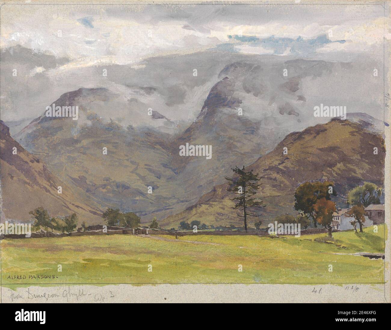 Alfred Parsons, 1847–1920, Brite, aus Dungeon Ghyll, undatiert. Aquarell, Graphit und Gouache auf Medium, leicht strukturiert, cremefarbenen Papier gelegt. Feld, Häuser, Landschaft, Nebel, Berge, Bäume, Wand. Cumbria , England , Europa , Lake District , Vereinigtes Königreich Stockfoto