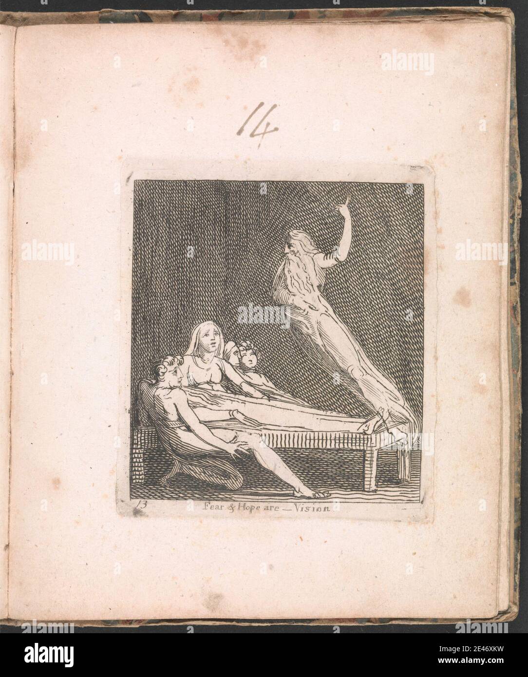 Druck von William Blake, 1757–1827, britisch, für Kinder. Die Tore des Paradieses, Tafel 15, 'Angst und Hoffnung sind -- Vision', 1793. Radierung und Liniengravur auf mäßig dickem, leicht strukturiertem, cremefarbenen Wove-Papier. Bart, Bett, Zelle, Kinder, Tod, Sterben, Geist, historisches Thema, Licht, Männer, Zimmer, Seele, Geist, Text, Frauen Stockfoto