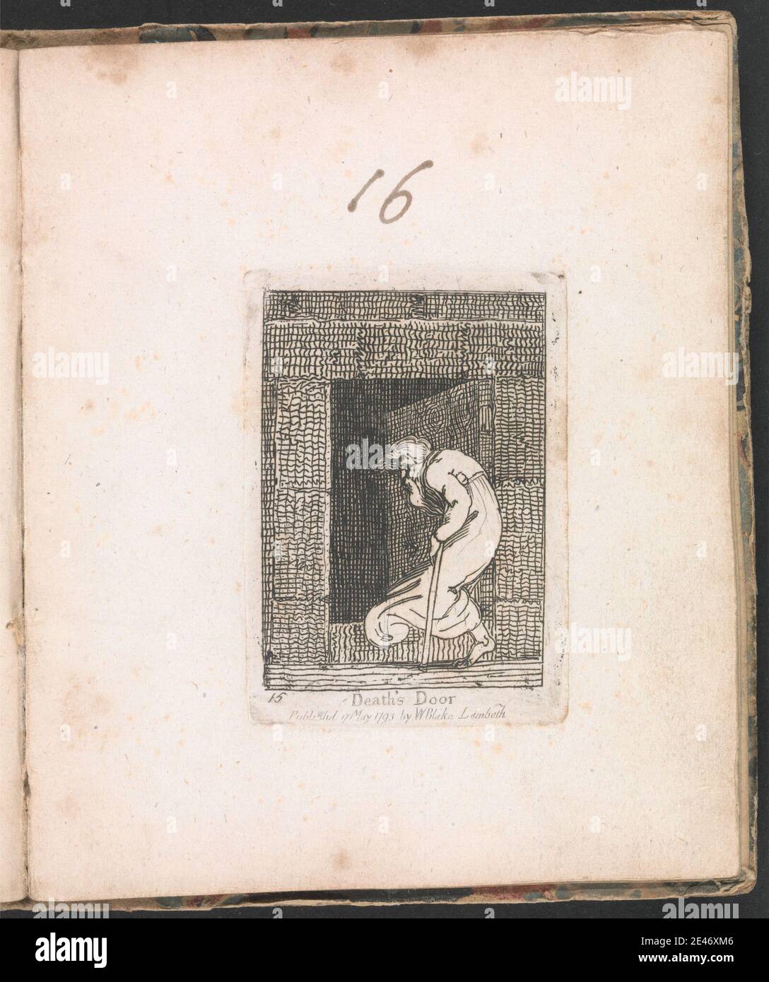 Druck von William Blake, 1757–1827, britisch, für Kinder. Die Tore des Paradieses, Tafel 17, 'die Tür des Todes', 1793. Radierung und Strichgravur auf mäßig dickem, leicht strukturiertem, cremefarbenen Wove-Papier. Bart, Rohr, Krypta, Tod, Tür, Sterben, historisches Thema, Männer, Robe, Text, Grab Stockfoto