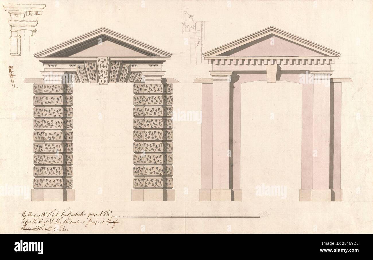 Sir William Chambers RA, 1723–1796, British, The Hoo, Kimpton, Hertfordshire: Elevations and Details of a Gateway, ca. 1760-1764. Graphit, Feder und braune Tinte und Aquarell auf mäßig dickem, mäßig strukturiertem, cremefarbenen Papier. Architektonisches Thema , Eingang , Gateways , Formgebung , neoklassische , Rustication. England , Hertfordshire , Kimpton , Vereinigtes Königreich Stockfoto