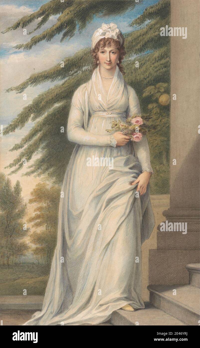 John Massey Wright, 1777–1866, britisch, Mrs. Martha Udney, undated. Aquarell mit Gouache und Graphit auf mittlerem, leicht strukturiertem, cremefarbenem Wove-Papier. Säule (architektonisches Element), Ohrringe, Blumen (Pflanzen), Obst, Hüte, Perlen, Porträt, Schritte, Bäume, Frauen. Udney, Martha (1761-1831), Gouvernante von Prinzessin Charlotte Stockfoto