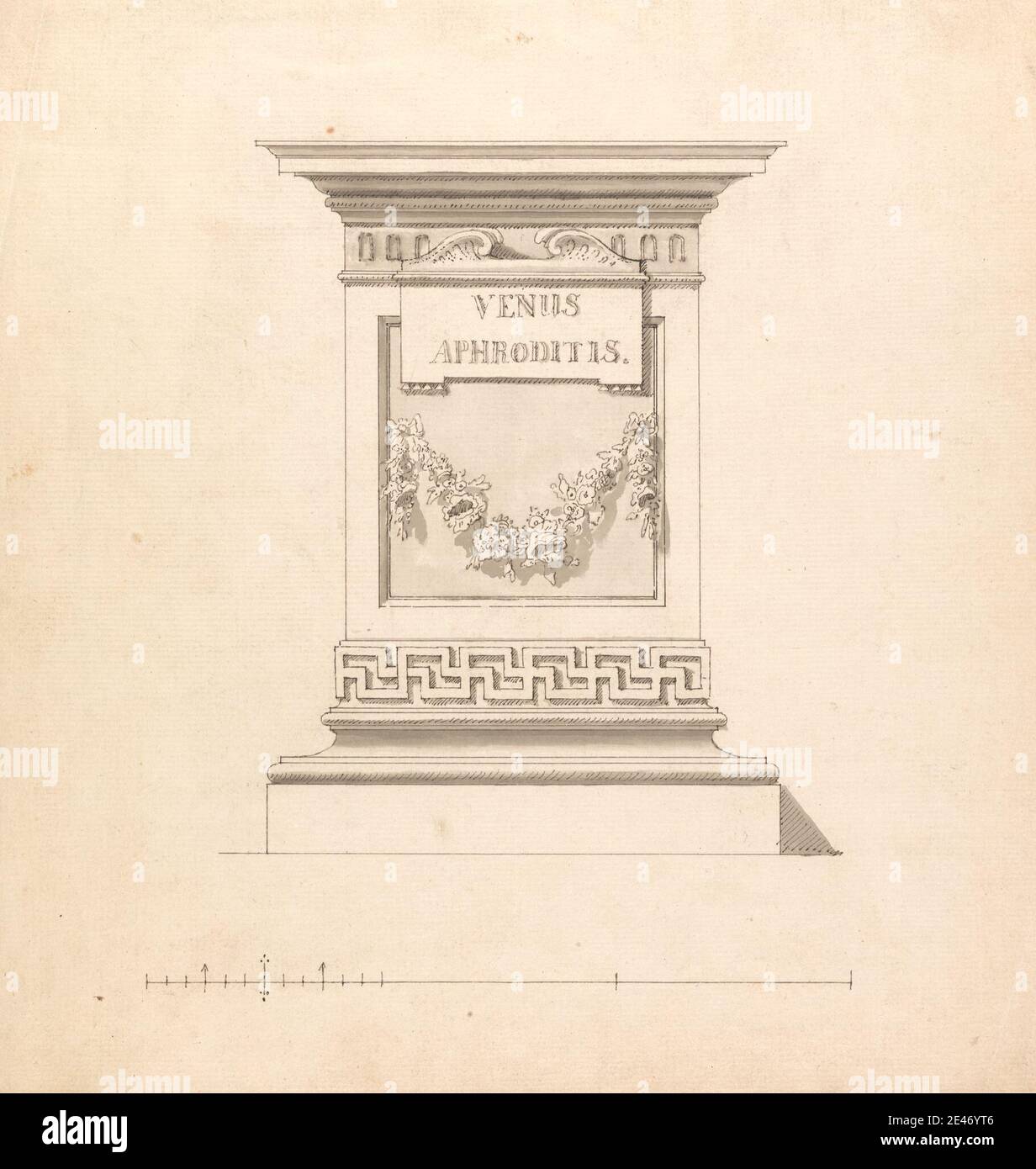 Joseph Wilton RA, 1722–1803, britisch, Entwurf für Sockel, undatiert. Stift und schwarze Tinte, Graphit, graue Wäsche auf leicht strukturiertem, Medium, cremefarbenen Papier. Architektonisches Motiv, Blumen (Pflanzen), Sockel Stockfoto