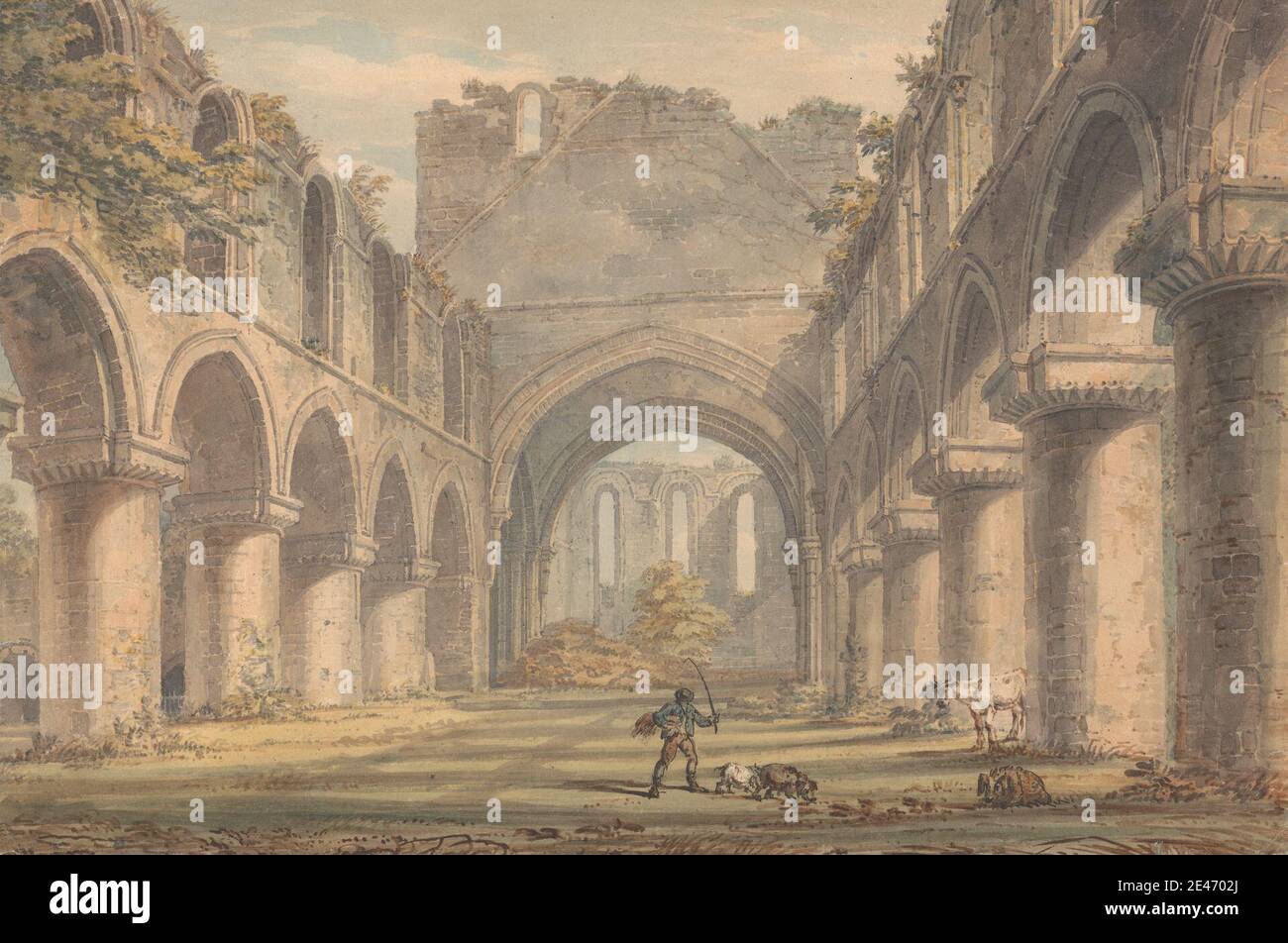 Edward Dages, 1763–1804, britisch, Buildwas Abbey, Shropshire, ca. 1790. Aquarell, Stift, schwarze Tinte und Graphit auf Medium, leicht strukturiert, Creme Wove Papier. abtei, Bögen, architektonische Thema, Architektur, Säulen, gotische Architektur, römische Architektur, Ruinen. England , Europa , Shropshire , Vereinigtes Königreich Stockfoto