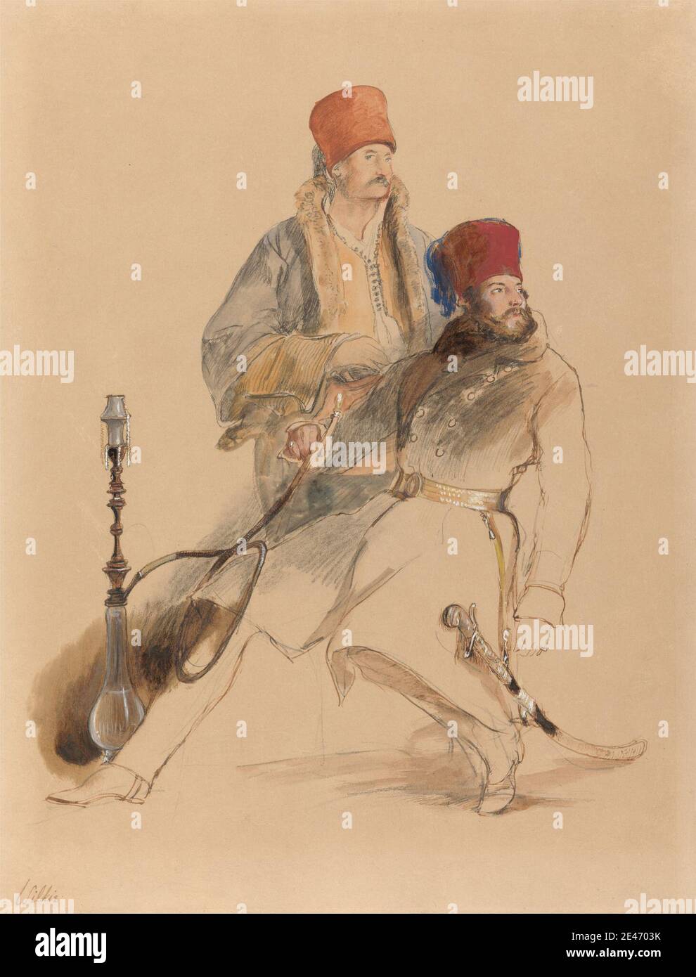 Sir David Wilkie, 1785–1841, Brite, Captain Leigh und seine Dragoman, 1840 oder 1841. Aquarell mit brauner Tinte, Gouache, schwarzem Buntstift und Kaugummi arabisch über Graphit auf mäßig dickem, leicht strukturiertem, beigefarbenem Webpapier. kapitän, Kostüm, Dragoman, Fezen, Figurenstudie, Fingerringe, Fell, Shisha, Militäruniformen, Pfeifen, Rauchen, Schwerter, Quaste Stockfoto