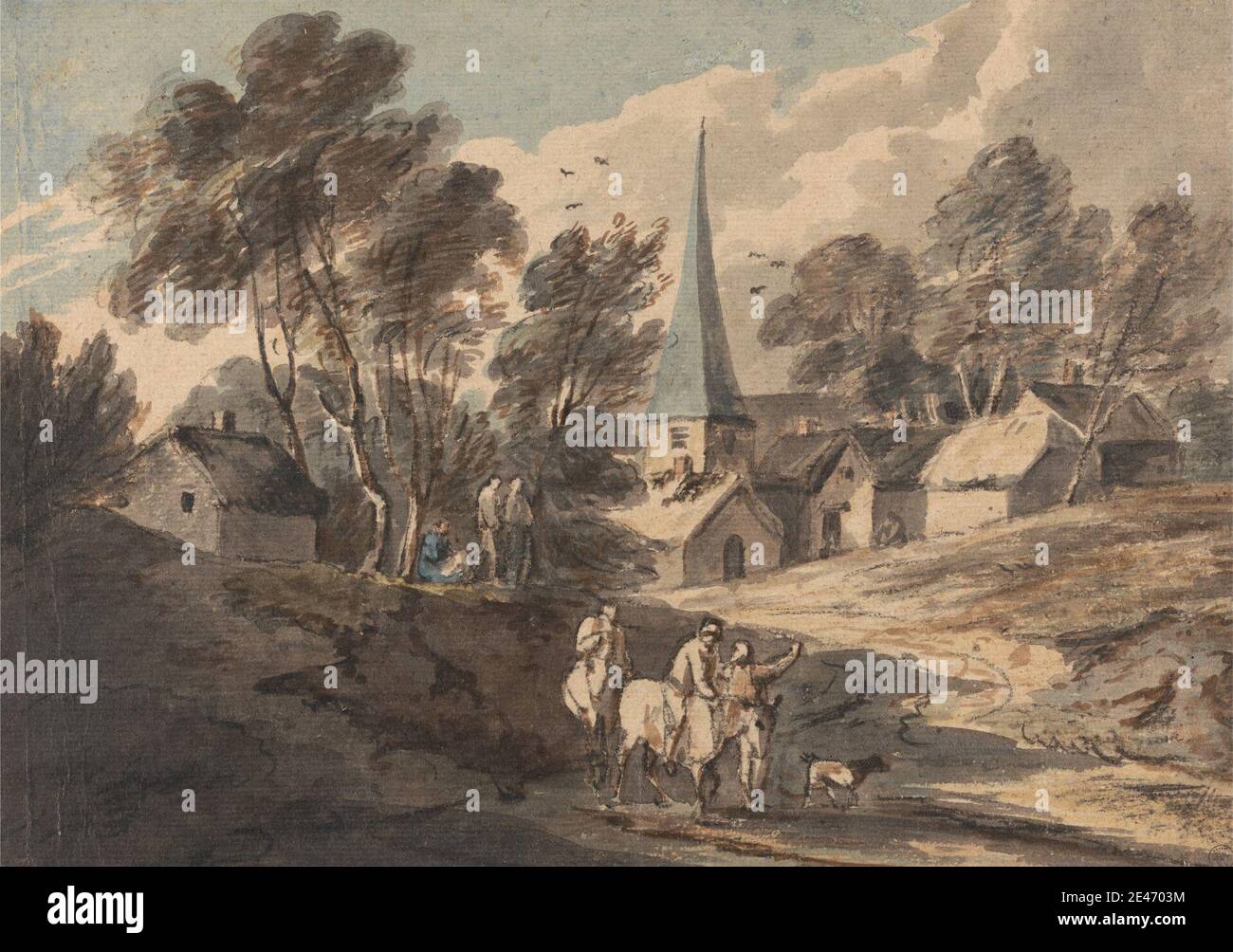 Thomas Gainsborough RA, 1727–1788, britisch, Reisende auf dem Pferderack nähern sich einem Dorf mit einem Spire, zwischen 1765 und 1770. Aquarell über schwarze Kreide und Kaugummi auf Medium, leicht strukturiert, cremefarbenen Papier gelegt, auf (laminierte Wove Papier) Karte gelegt. Vögel, Kirche, Hütten, Hund (Tier), Reiter, Pferde (Tiere), Landschaft, Pfad, Turm, Reisende, Bäume, Dorf, Frauen Stockfoto