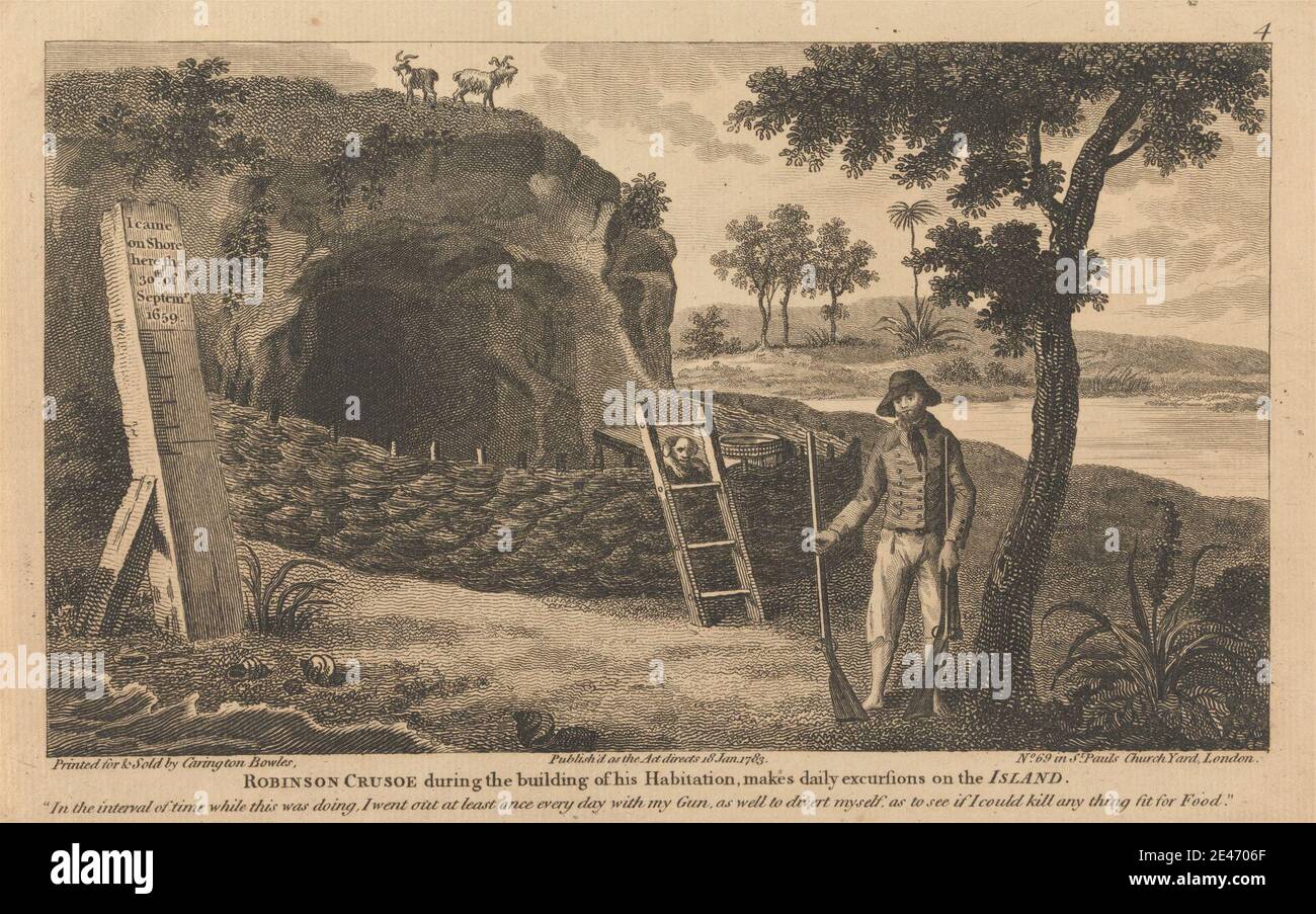 Carington Bowles, 1724–1793, britisch, zwölf Illustrationen von Robinson Crusoe, 1783. Strand, Höhle, Gewehre, Leiter, literarisches Thema, Tropen Stockfoto