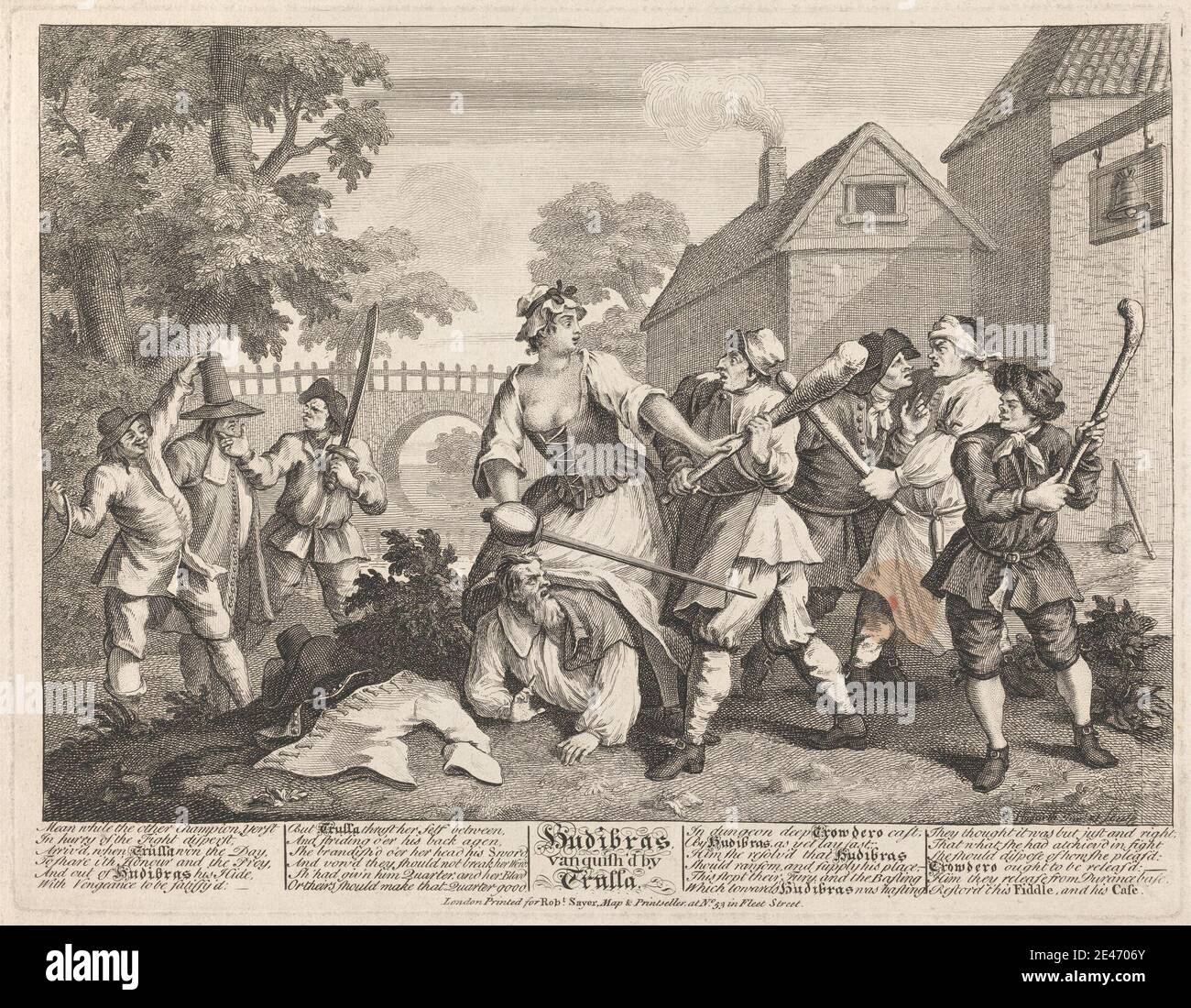 William Hogarth, 1697–1764, Brite, Hudibras besiegt von Trulla. Gravur. Clubs, literarische Thema, Männer, Schwerter, Frau Stockfoto