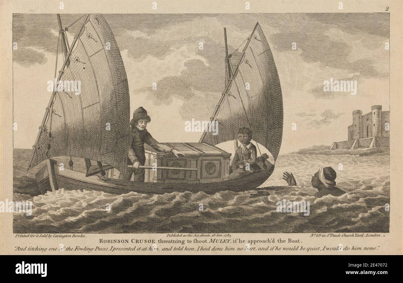 Carington Bowles, 1724–1793, britisch, zwölf Illustrationen von Robinson Crusoe, 1783. Boot, literarisches Thema, Meer, Schwimmen, Tropen Stockfoto