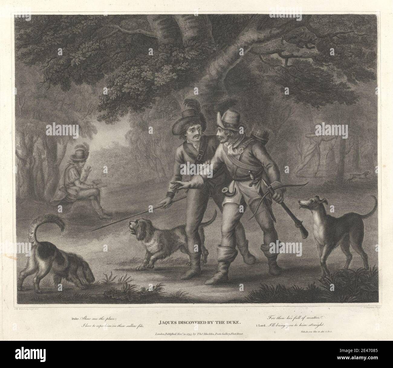 John Chapman, aktiver ca. 1792–1823, Brite, Jacques entdeckt vom Herzog, 1795. Gravur. Pfeil und Bogen , Hunde (Tiere) , literarisches Thema , Wälder Stockfoto