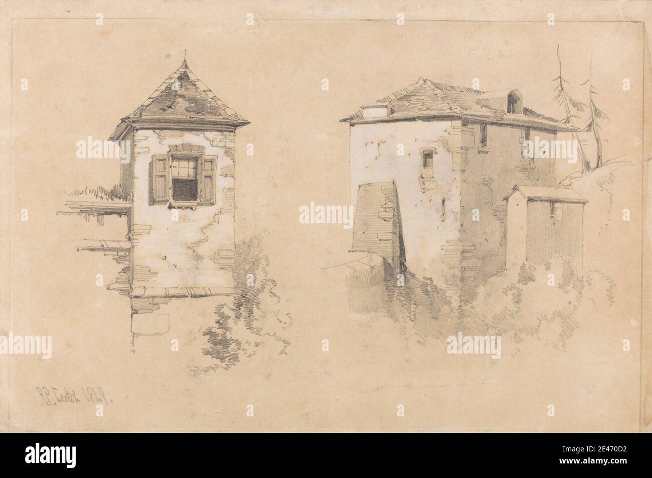 Richard Principle Leitch, 1844–1875, British, Two Studies of Buildings, 1849. Graphit und weiße Gouache auf mittelschwerem, leicht strukturiertem beigefarbenem Papier. Architektonisches Motiv, Gebäude, Skizze, Fenster Stockfoto