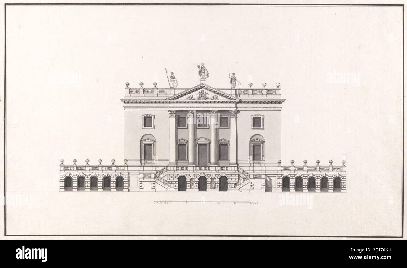 Zugeschrieben John Sanderson, aktiv 1730–gestorben 1774, britisch, Unidentified Country House: Front Elevation, undated. Stift und schwarze Tinte mit grauem Wash über Graphit auf Medium, mäßig strukturiert, weiß gedeckten Papier. Architekturmotiv, Balustraden, Säulen (architektonische Elemente), korinthische Ordnung, Landhaus, Erhebungen (Zeichnungen), außen, vorne, Giebel, Treppen, Statuen Stockfoto