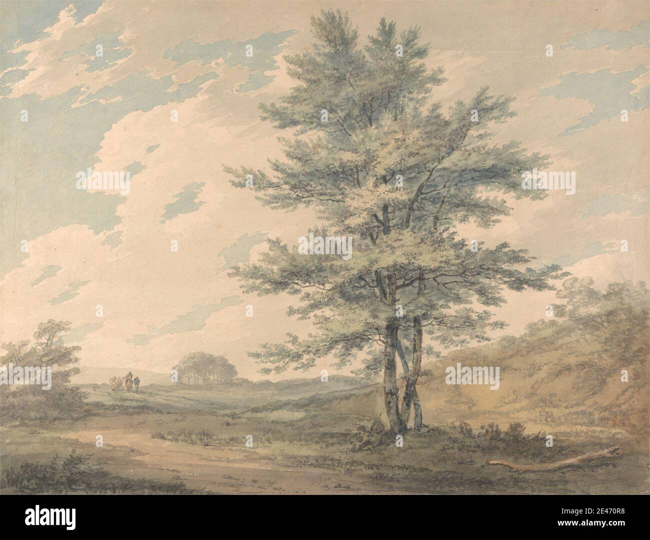 Joseph Mallord William Turner, 1775–1851, britisch, Landschaft mit Bäumen und Figuren, ca. 1796. Aquarell und Graphit auf Medium, leicht strukturiert, gewebt Papier. Wolken, Figuren, Genre Thema, Pferde (Tiere), Landschaft, Holz, Bäume Stockfoto