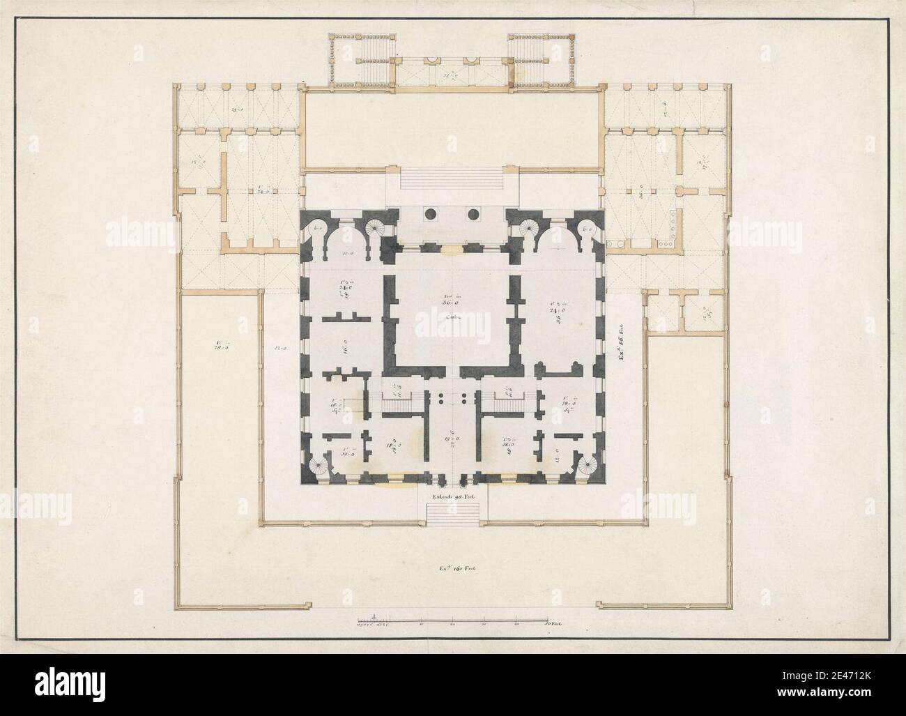Zugeschrieben John Sanderson, aktiv 1730–gestorben 1774, Britisch, Unidentified Country House: Ground Floor Plan, undated. Stift und schwarze Tinte mit grau und braun waschen auf mäßig dickem, leicht strukturiertem, weiß gedeckten Papier. Architekturmotiv, Landhaus, Grundrisse, Pläne (Zeichnungen) Stockfoto