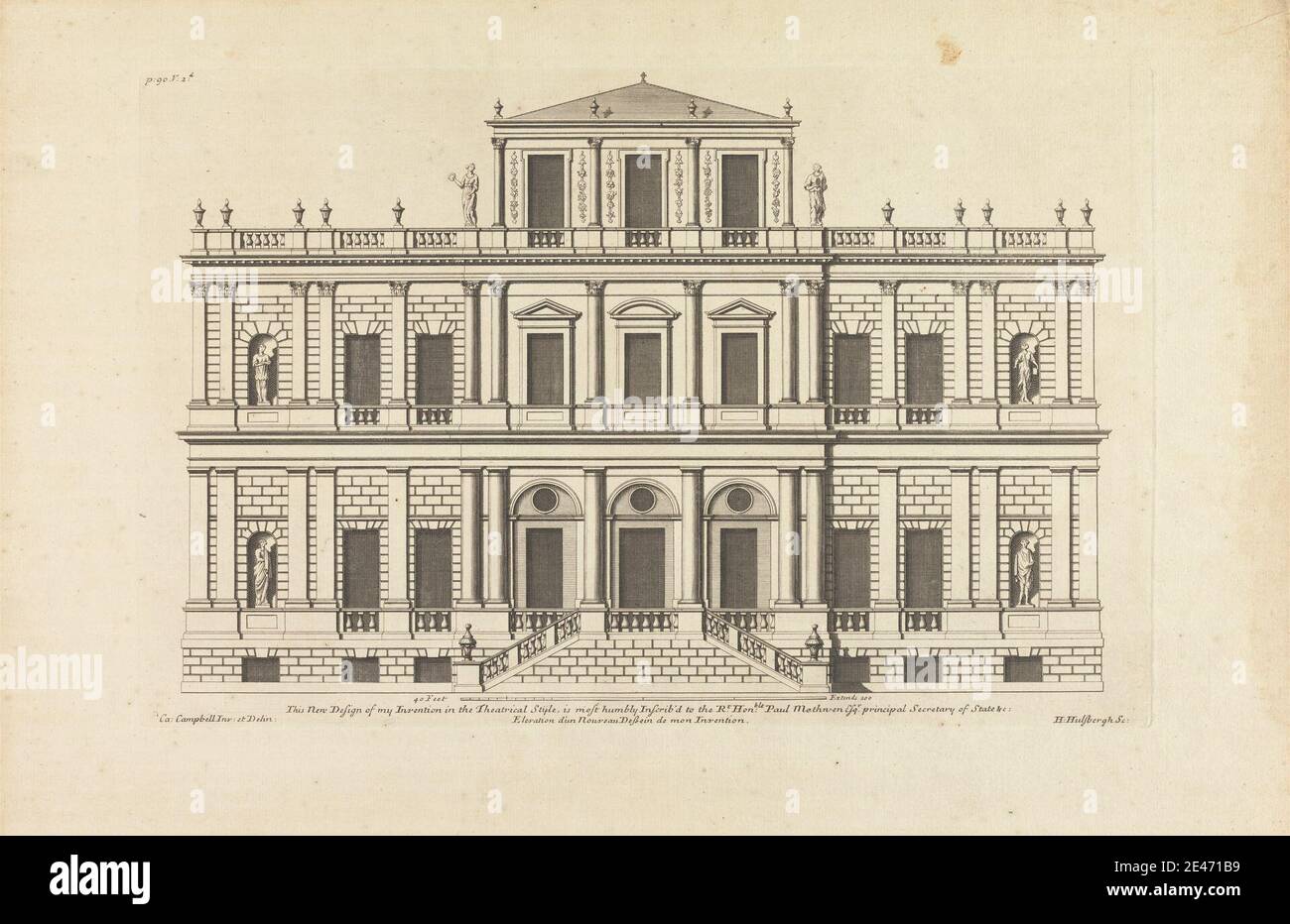 Druck von Henry Hulsberg, gestorben 1729, Niederlandisch, aktiv in London, Design for a House in a 'theatralischer Stil' for Paul Methuen, undated. Gravur auf mittelschwerem, cremefarbenem, leicht strukturiertem Papier. Architektonisches Motiv Stockfoto