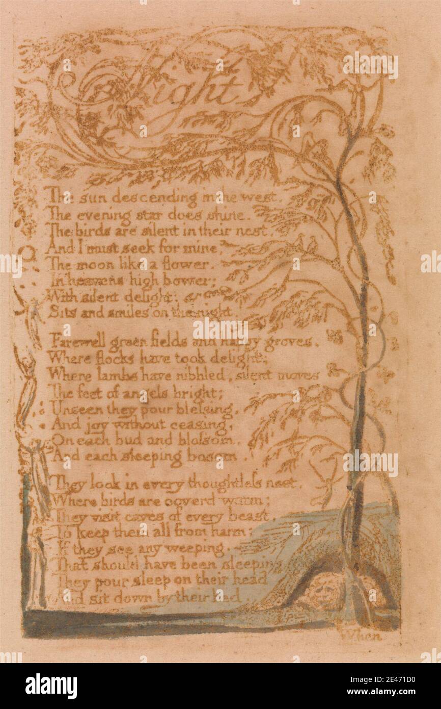 Druck gemacht von William Blake, 1757–1827, Britisch, Songs of Innocence, Platte 16, 'Night' (Bentley 20), 1789. Relief Radierung gedruckt in braun mit Feder und schwarzer Tinte und Aquarell auf mäßig dick, leicht strukturiert, Creme Wove Papier. Engel, Äste, Garten, Kleider, Hügel, Blatt, literarisches Thema, Strauchwerk, Text, Baum, Vegetation, Reben, Flügel, Frauen Stockfoto