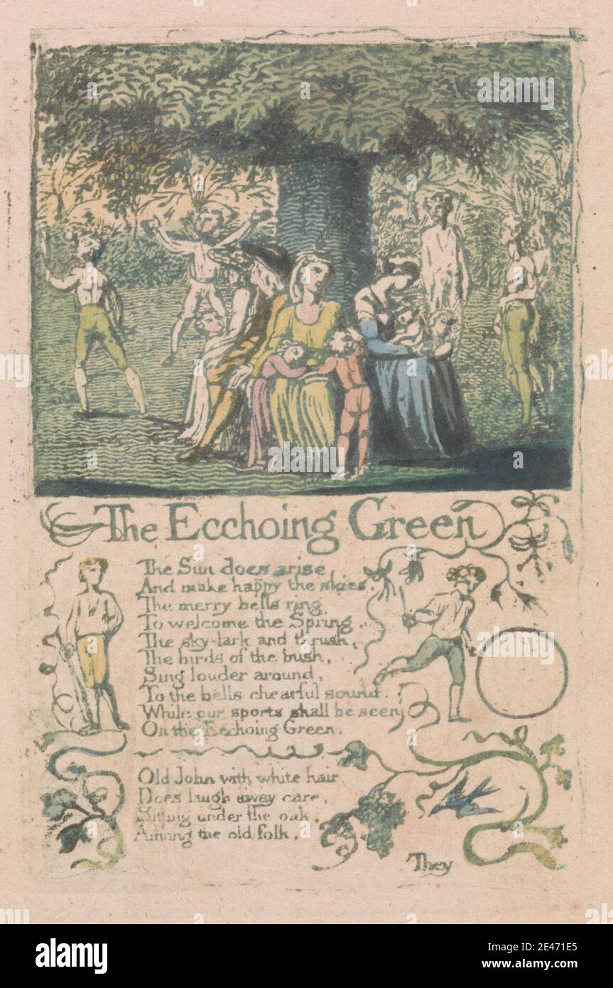 Druck gemacht von William Blake, 1757–1827, Britisch, Songs of Innocence and of Experience, Platte 8, 'The Ecchoing Green' (Bentley 6), 1789. Relief Radierung in grün mit Stift und schwarzer Tinte und Aquarell auf mäßig dicken gedruckt, leicht strukturiert, Creme Wove Papier. Ball, Fledermaus, Zweige, Kinder, Lebensmittel, Obst, Trauben, historischen Thema, Reifen, Drachen, Blatt, Männer, sitzen, Stick, Text , Bäume , Weinstock , Wandern , Frauen Stockfoto