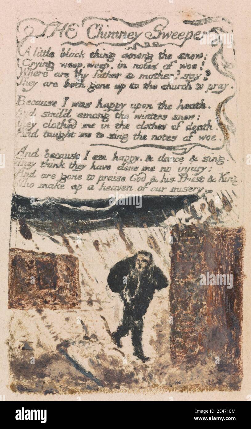 Druck gemacht von William Blake, 1757–1827, Britisch, Songs of Innocence and of Experience, Platte 45, 'The Chimney Sweeper' (Bentley 37), 1794. Farblich bedruckte Reliefradierung mit Aquarell auf mäßig dickem, leicht strukturiertem, cremefarbenem Wove-Papier. Tasche, Kinder, Wolken, historisches Thema, Häuser, Regen, Straße, Text, Reben Stockfoto