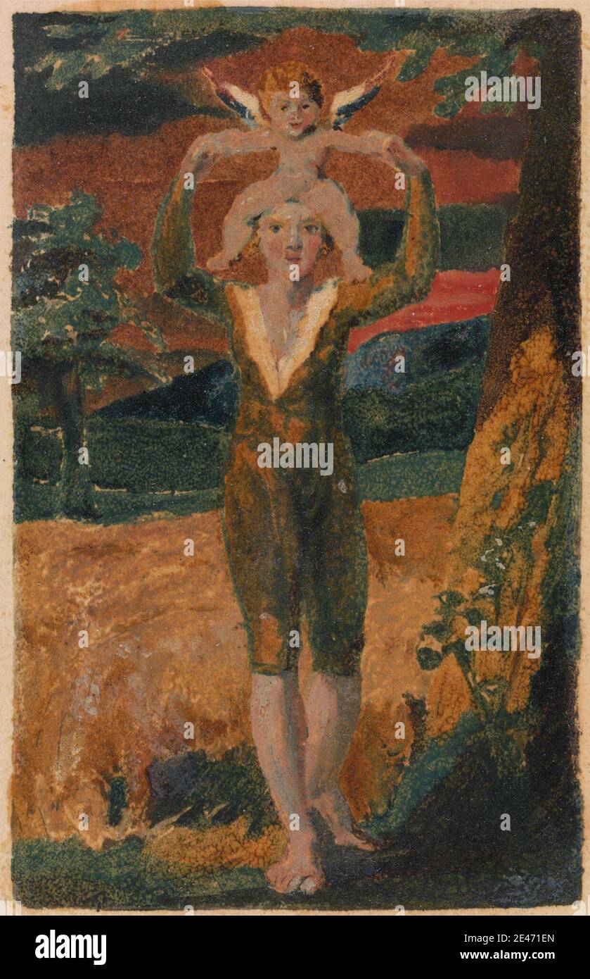 Druck gemacht von William Blake, 1757–1827, Britisch, Songs of Innocence and of Experience, Platte 32, Experience Frontispice (Bentley 28), 1794. Farblich bedruckte Reliefradierung mit Feder und Tinte und Aquarell auf mäßig dickem, leicht strukturiertem, cremefarbenem Wove-Papier. Engel, Äste, Kinder, Hügel, historisches Thema, Säugling, Blatt, Männer, Bäume, Flügel Stockfoto