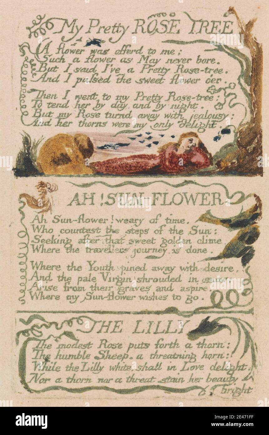 William Blake, 1757–1827, Brite, Songs of Innocence and of Experience, Platte 47, 'My Pretty Rose Tree' (Bentley 43), 1794. Farblich bedruckte Reliefradierung mit Aquarell auf mäßig dickem, leicht strukturiertem, cremefarbenem Wove-Papier. Vögel, Äste, historisches Thema, Knien, Blatt, Text, Bäume, Vegetation, Reben, Frauen Stockfoto