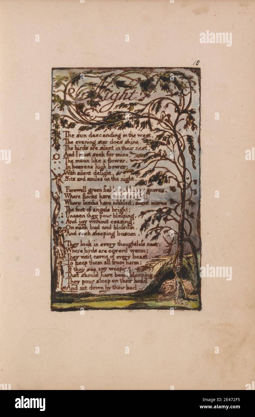 Druck gemacht von William Blake, 1757–1827, Britisch, Songs of Innocence and of Experience, Platte 18, 'Night' (Bentley 20), 1789 bis 1794. Relief Radierung in dunkelbraun mit Feder und schwarzer Tinte und Aquarell auf mäßig dickem, leicht strukturiertem, cremefarbenem Wove-Papier gedruckt. Engel, Äste, Hügel, Blatt, literarisches Thema, Text, Bäume, Vegetation, Reben, Flügel Stockfoto