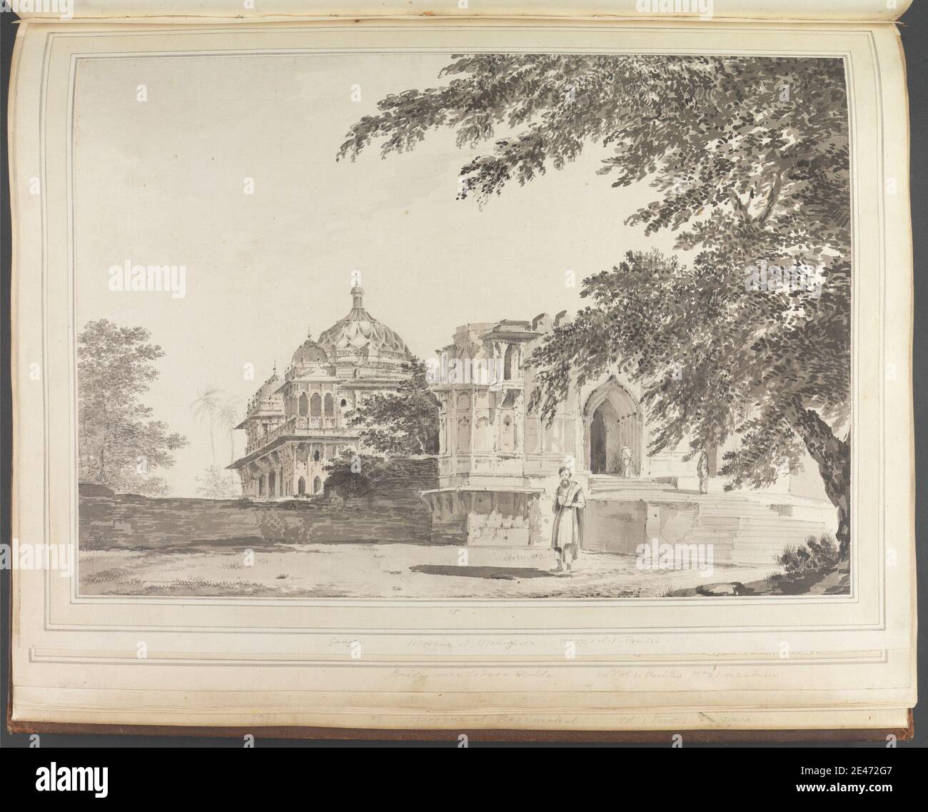 William Hodges, 1744–1797, britisch, BLICK auf die Moschee in Mounheer [Maner] aus dem S.E, ca. 1781. Rosa und graue Waschungen und Graphit auf gedeckten Papier, auf Waschanlage aus dem 19. Jahrhundert abgelegt. Public Domain Stockfoto