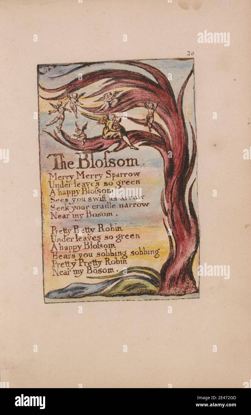 Druck gemacht von William Blake, 1757–1827, Britisch, Songs of Innocence and of Experience, Platte 20, 'The Blossom' (Bentley 11), 1789 bis 1794. Relief Radierung in dunkelbraun mit Feder und schwarzer Tinte und Aquarell auf mäßig dickem, leicht strukturiertem, cremefarbenem Wove-Papier gedruckt. Engel, Buch, Cherubim, Kinder, Wolken, Blatt, literarisches Thema, Mutter, Pflanze, Lesen, Text, Baum, Flügel, Frauen Stockfoto