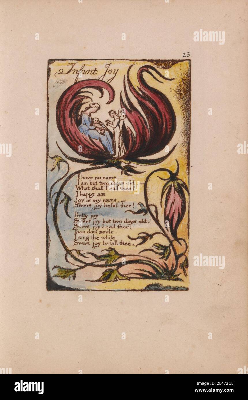 Druck gemacht von William Blake, 1757–1827, Britisch, Songs of Innocence and of Experience, Teller 23, 'Infant Joy' (Bentley 25), 1789 bis 1794. Relief Radierung in dunkelbraun mit Feder und schwarzer Tinte und Aquarell auf mäßig dickem, leicht strukturiertem, cremefarbenem Wove-Papier gedruckt. Engel, Baby, Kinder, Blumen (Pflanzen), Säugling, Blatt, literarisches Thema, Mutter, religiöses und mythologisches Thema, Stamm, Text, Reben, Wings, Frau Stockfoto