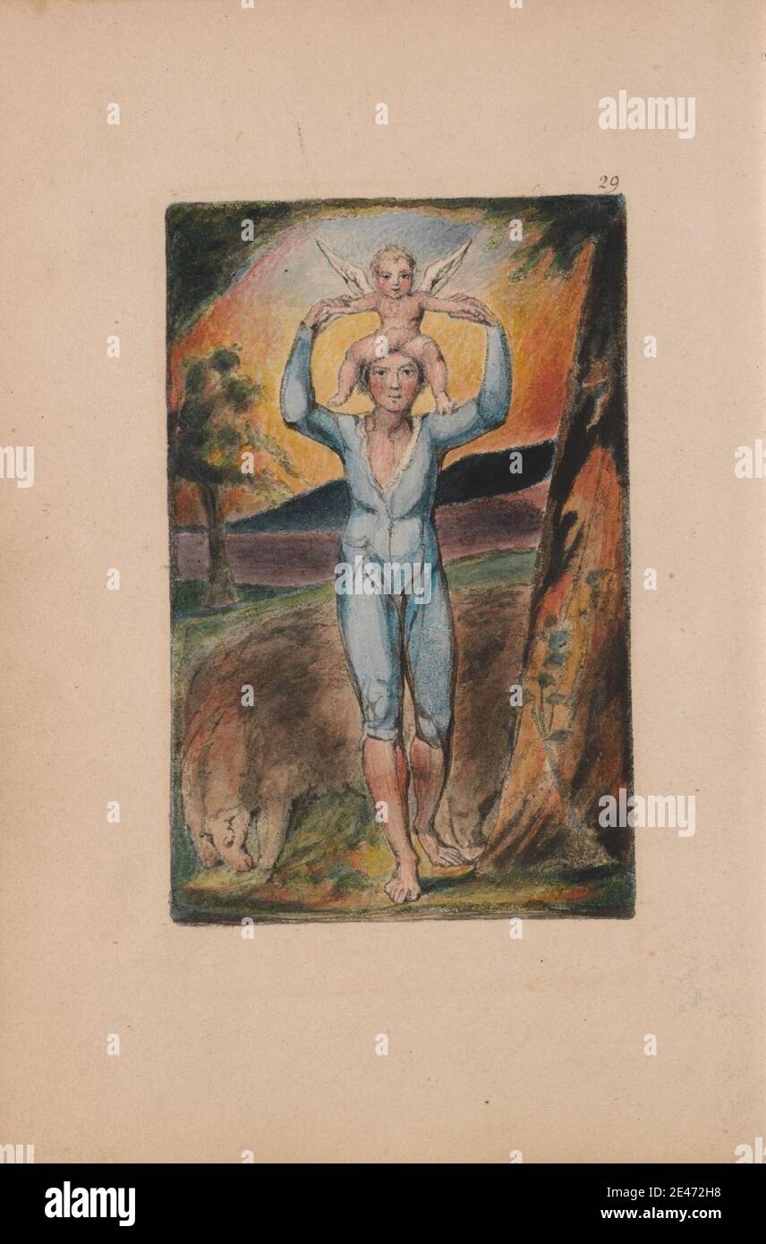 Druck gemacht von William Blake, 1757–1827, Britisch, Songs of Innocence and of Experience, Platte 29, Experience Frontispice (Bentley 28), 1789 bis 1794. Relief Radierung in dunkelbraun mit Feder und schwarzer Tinte und Aquarell auf mäßig dickem, leicht strukturiertem, cremefarbenem Wove-Papier gedruckt. Engel, Baby, Zweige, Kinder, Hügel, Säugling, Blatt, literarisches Thema, Mann, religiöses und mythologisches Thema, Baum, Flügel Stockfoto