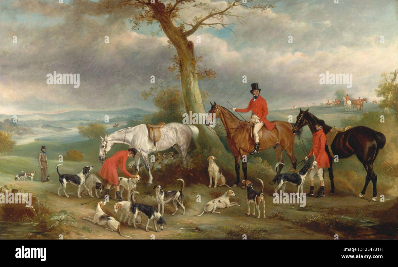 John Ferneley, 1782–1860, Brite, Thomas Wilkinson, M.F.H., mit den Hurworth Foxhounds, 1846. Öl auf Leinwand. Schwarz, braun, Hunde (Tiere), Felder (Ackerland), Pferde (Tiere), Männer, Porträt, Sportkunst Stockfoto