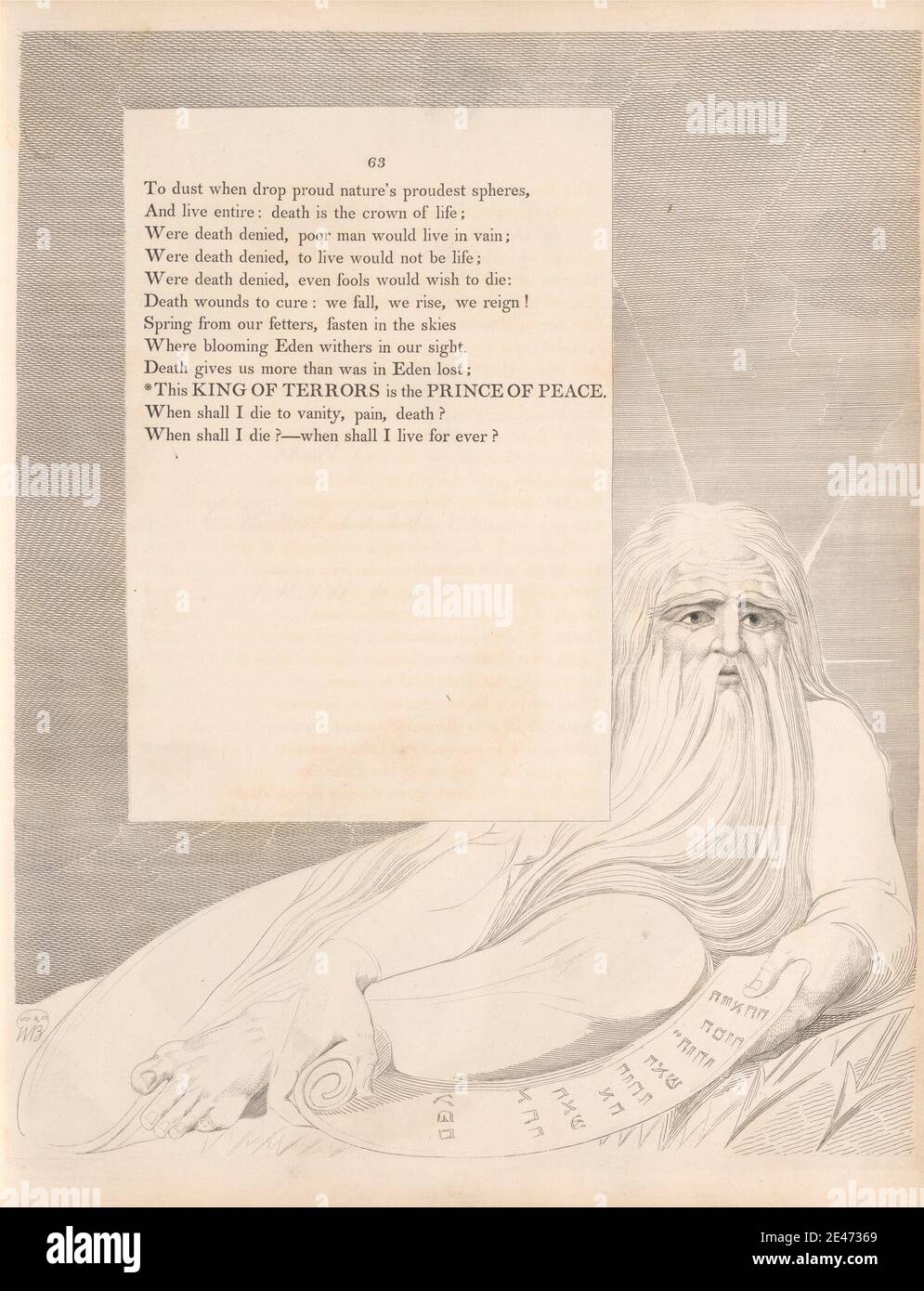 William Blake, 1757–1827, britisch, Tafel 30 (Seite 63): 'Dieser KÖNIG DER SCHRECKEN ist der PRINZ DES FRIEDENS', 1797. Gravur. Public Domain Stockfoto