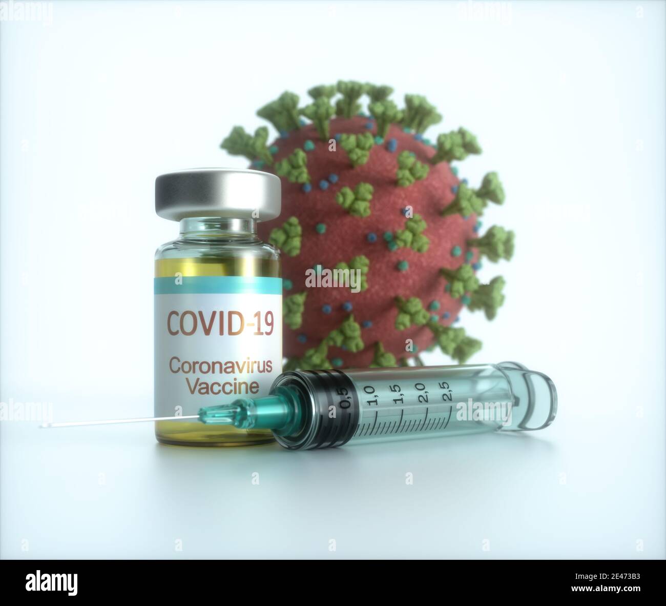 Konzeptionelles Bild für die Entdeckung eines Impfstoffs für die Covid-19, Coronavirus, 2019-nCoV, SARS-COV-2. 3D-Abbildung. Stockfoto