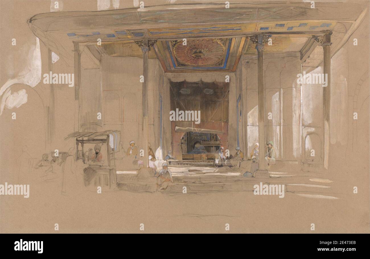John Frederick Lewis, 1804–1876, britisch, Haupteingang der Großen Moschee, (Ulu Cami) Bursa, Türkei, zwischen 1840 und 1841. Aquarell, Gouache und Graphit auf mittlerem, leicht strukturiertem, beigefarbenem Papier. Architekturmotiv, Architektur, Säulen, Vorhänge, Männer, Mihrabs, Moschee, Studie (visuelle Arbeit), Turbanen. Bursa, Große Moschee Von Bursa, Türkei Stockfoto