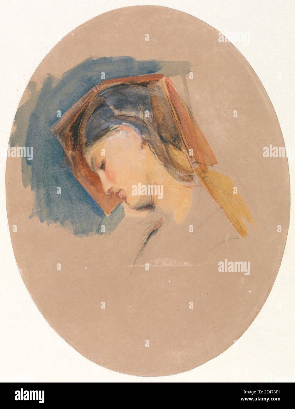 John Frederick Lewis, 1804–1876, Brite, Kopf einer jungen Frau, zwischen 1838 und 1840. Aquarell, Gouache, schwarze Kreide und Graphit auf mittlerem, leicht strukturiertem beigefarbenem Papier. Figurenstudie, Kopftücher, Oval, Porträt, Profil, Frauen Stockfoto
