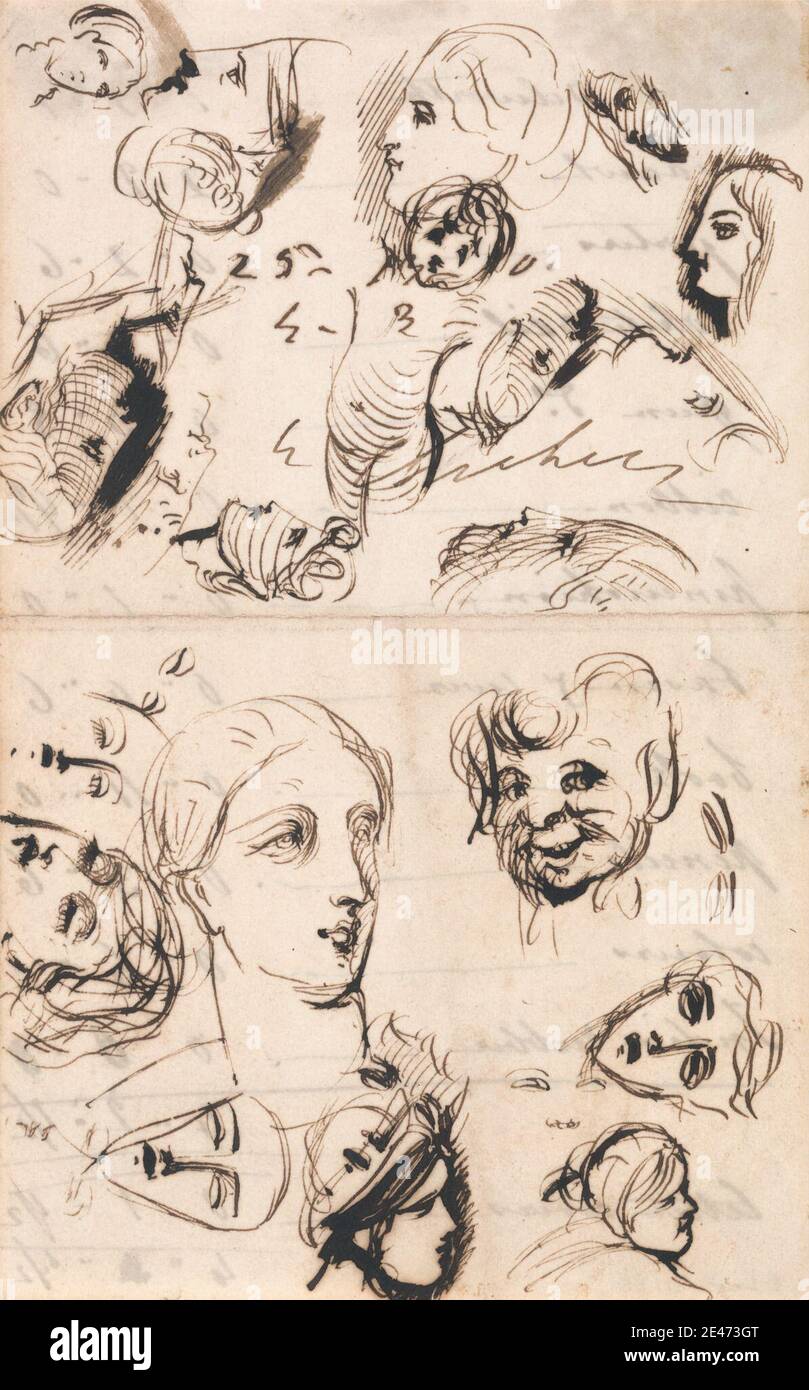 Zugeschrieben Sir David Wilkie, 1785–1841, British, Studies of Heads, undated. Stift und braune Tinte auf mittlerem, glattem, beigefarbenem Papier. Figurenstudie, Köpfe, Männer, Skizzen, Studien, Frauen Stockfoto