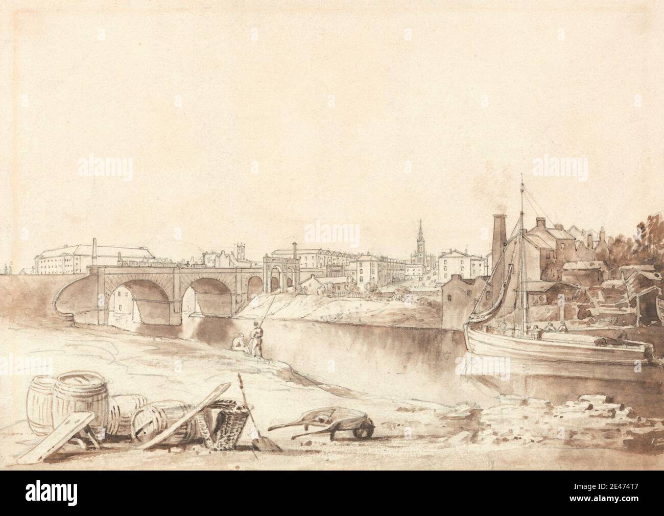 Isaac Shaw, aktiv 1830, Brücke über die Irwell und Eingang nach Manchester, ca. 1830. Braun waschen, braune Tinte und Graphit auf Medium, glatt, Creme Wove Papier. Bogenbrücke, Barge, Fässer, Brücke (gebaut Arbeit), Kamine, Kirche, Stadtbild, Angeln, Fluss, Reihenhäuser, Segelboot, Kirchturm, Straßen, Stadt, Schubkarre. England , Greater Manchester , Irwell , Manchester , Vereinigtes Königreich Stockfoto