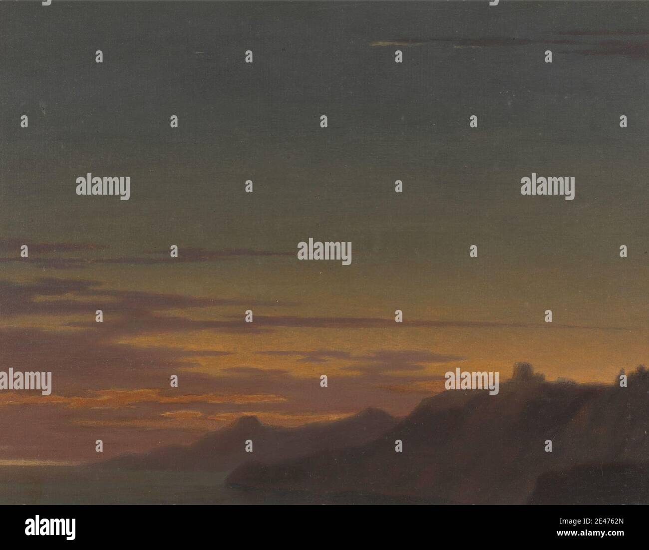 Alexander Cozens, 1717–1786, Britisch, Tagesschluss: Sonnenuntergang an der Küste, zwischen 1768 und 1775. Öl und Graphit auf dickem, mäßig strukturiertem, gedeckten Papier. Küste, Hügel, Landschaft, Berge, Orange, Meer, Sonnenuntergang Stockfoto