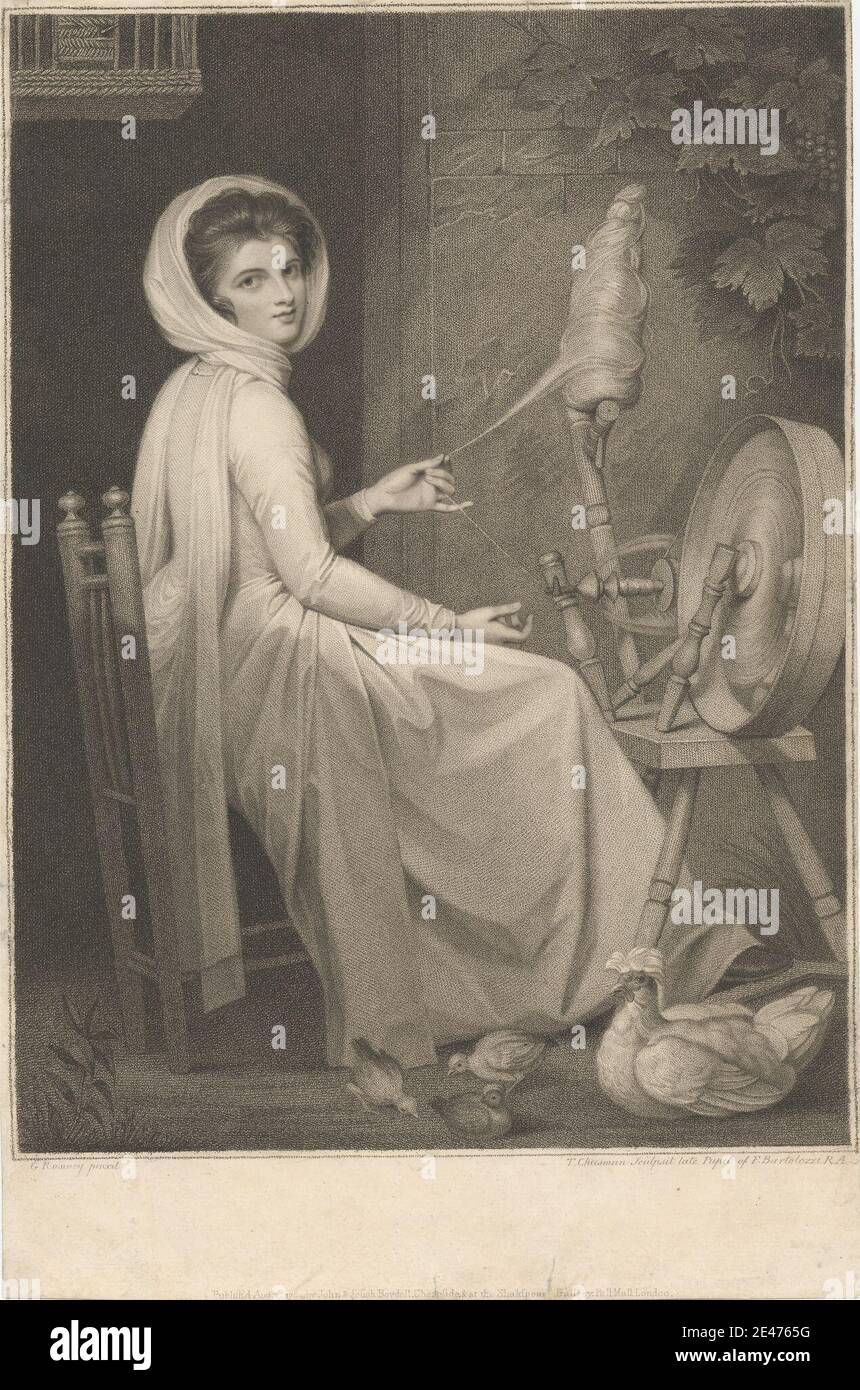 Druck von Thomas Cheesman, 1760–1834/35, britisch, Lady Hamilton als Spinster, 1789. Stippelgravur und Radierung auf mäßig dickem, leicht strukturiertem, beigefarbenem Papier. Vögel, Stuhl, Hühner, Küken, Kleid, Blick, Genremotiv, Henne, Arbeit, Porträt, Posen, Schal, Spinning, Spinnrad, Reben, Fenster, Frau, Garn. Hamilton, Emma, Lady Hamilton (bap. 1765, d. 1815), gesellschaftliche Berühmtheit und Künstlermodell Stockfoto