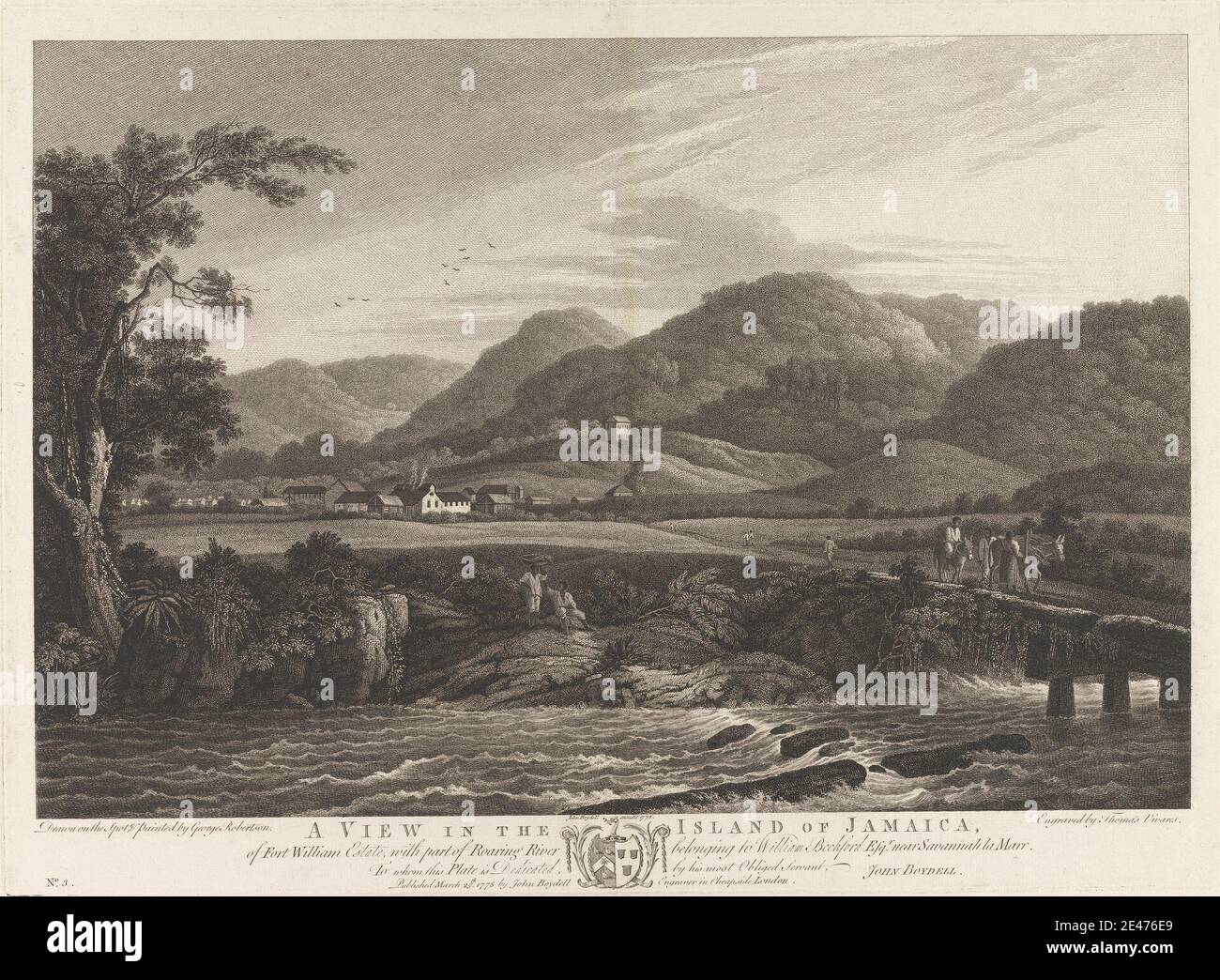 Thomas Vivares, c.1735–c.1790, Britisch, A View in the Island of Jamaica, of Fort William Estate, mit einem Teil des Roaring River von Mr. William Beckford, Esq.r bei Savannah la Marr, 1778. Gravur. Public Domain Stockfoto