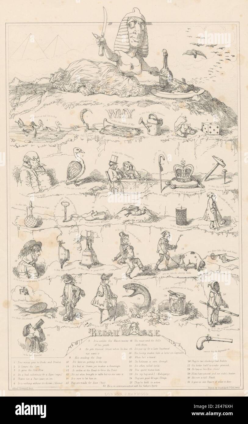 Druck von Alfred Henry Forrester, 1804–1872, britisch, Warum... Weil..., undatiert. Lithographie auf mäßig dickem, glattem, beigefarbenem Wove-Papier. Ambosse, Glocken, Vögel, Kerzen, Kronen, Würfel, Enten, Genregegenstand, Waffen, Hämmer, Illustrationen, Insekten, Schlüssel, Männer, Satire, Schlangen, Sphinx, Stäbe, Schwert, Werkzeuge, Gießkanne Stockfoto